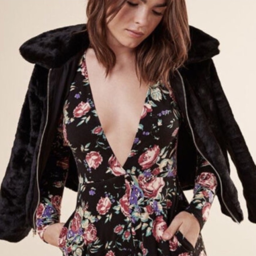 REFORMATION midi dress floral long sleeve REYES jersey black formal dress SIZE M